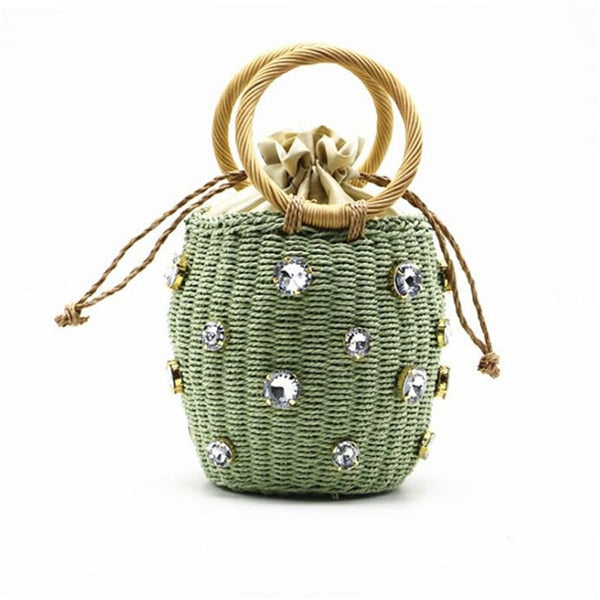Bolsa Tote artesanal de palha com diamantes de Zircônia 0 karavelas Verde 