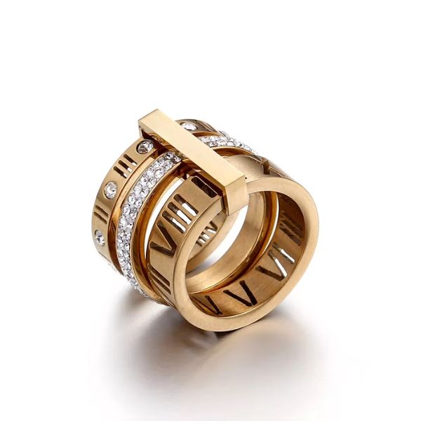 Anel Elegância Triplo Romano com Pedras de Zircônia karavelas Ouro 10 - (5.0 cm) 