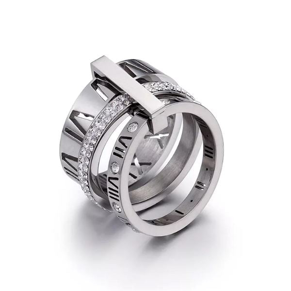 Anel Elegância Triplo Romano com Pedras de Zircônia karavelas Prata 10 - (5.0 cm) 