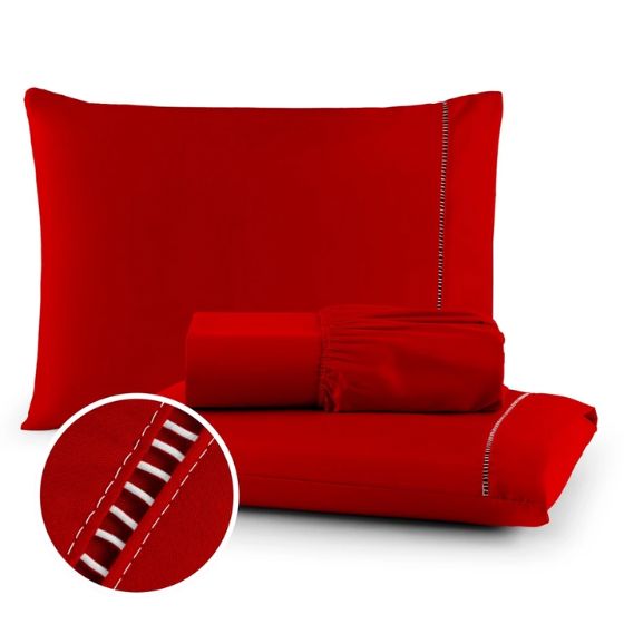 Jogo Lençol Queen 3 Peças 400 Fios Micro Percal Ponto Palito karavelas Vermelho 