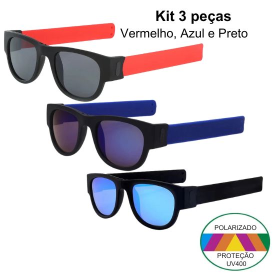 OclyFlex - Óculos de Sol Polarizados Dobráveis Unissex karavelas Kit 3 peças (Vermelho - Azul e Preto Com a Caixa 
