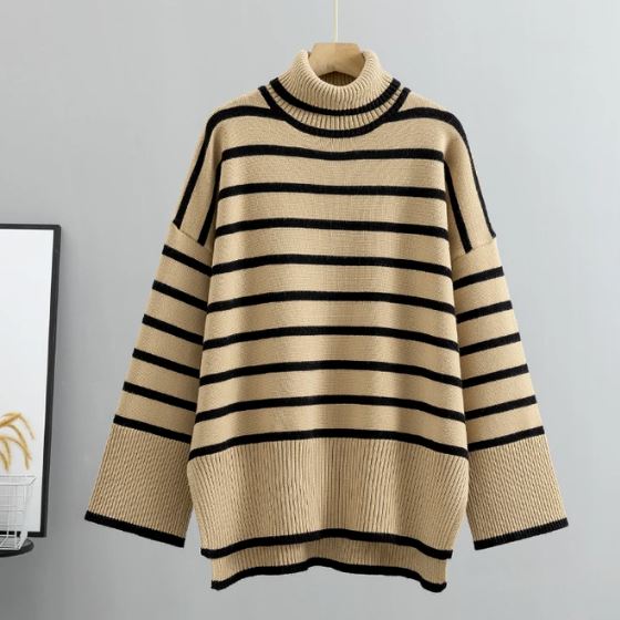 Suéter Listrado OverSized Gola alta Suéter karavelas Cáqui Único 