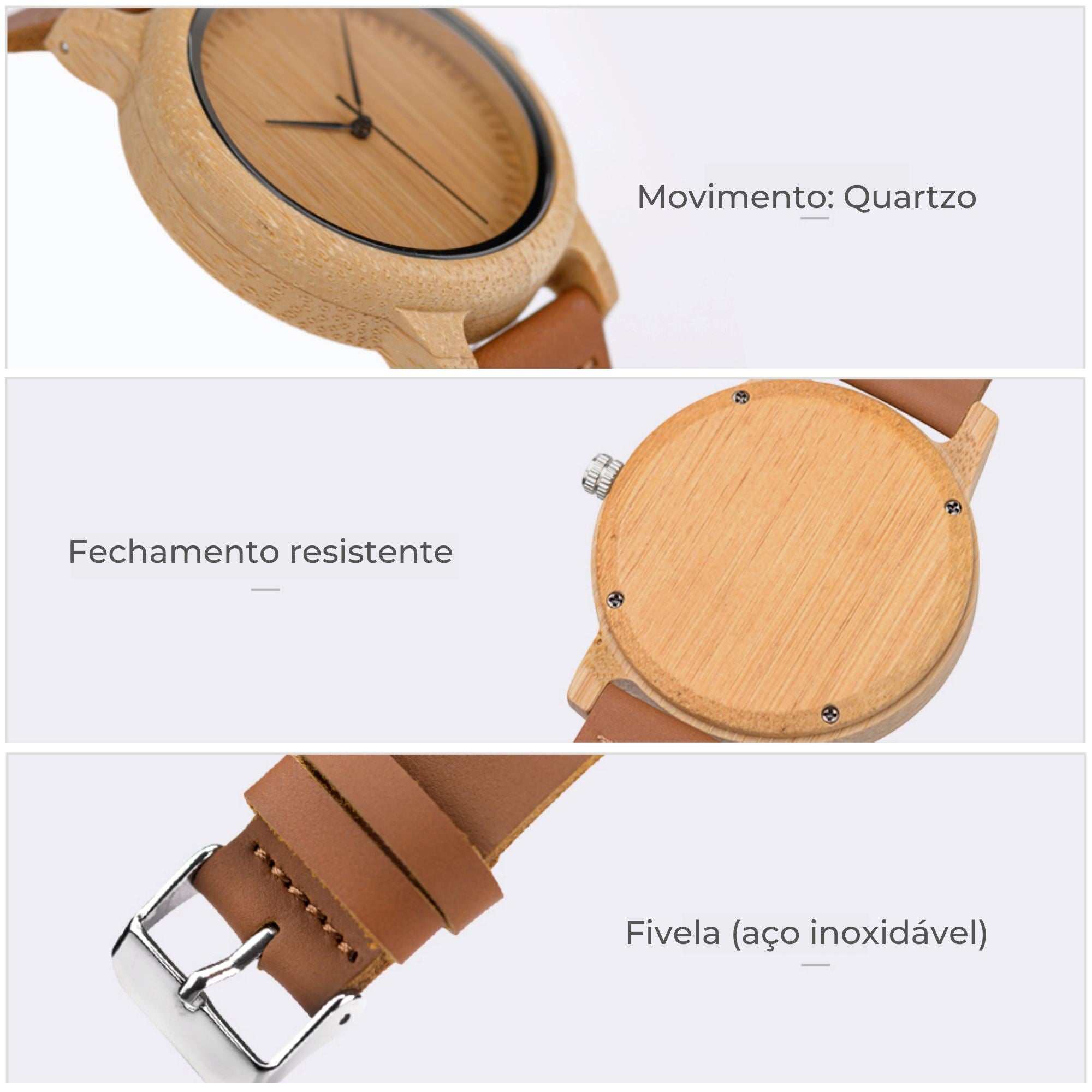 Relógio Vintage Redondo de Madeira com Pulseira de Couro 0 karavelas 