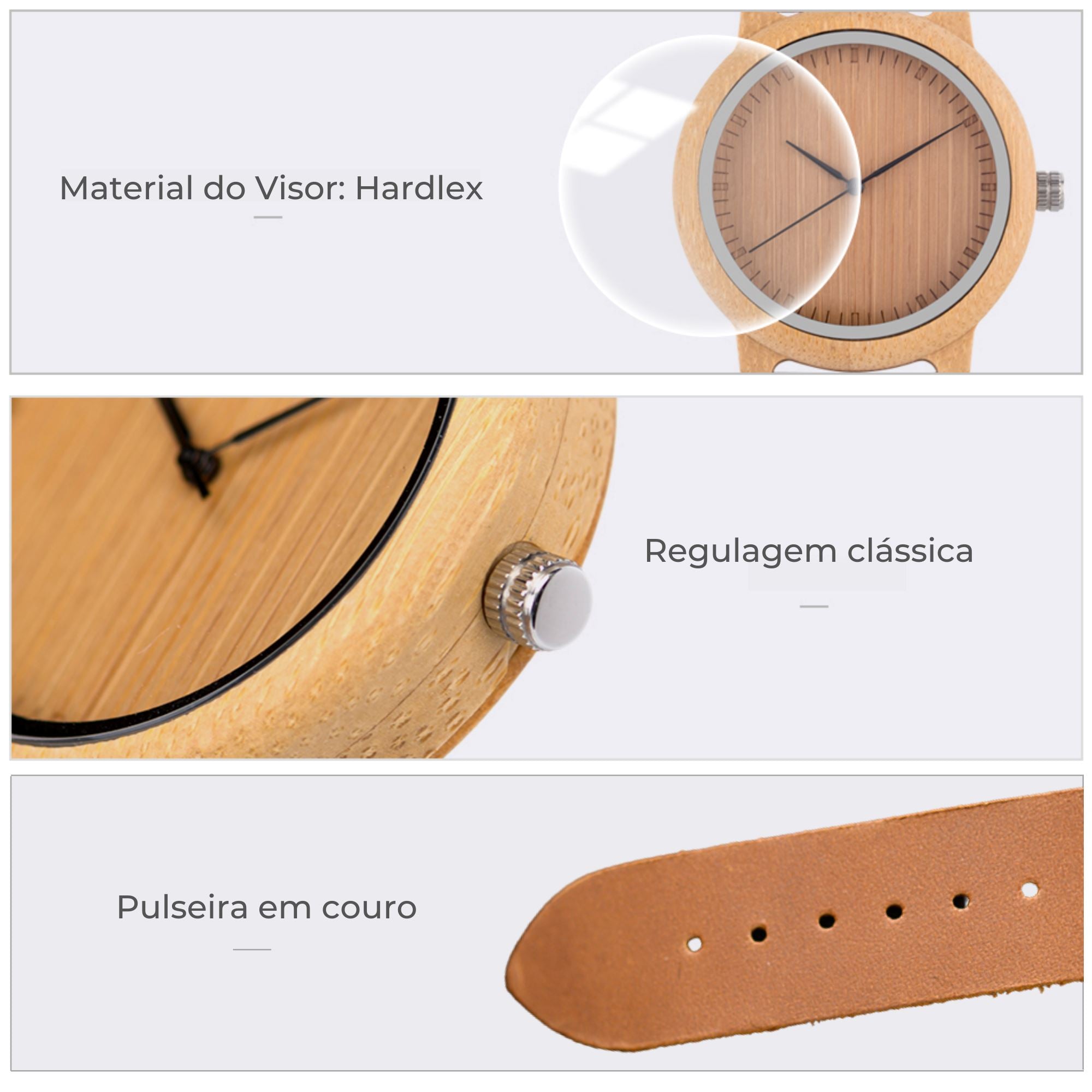 Relógio Vintage Redondo de Madeira com Pulseira de Couro 0 karavelas 