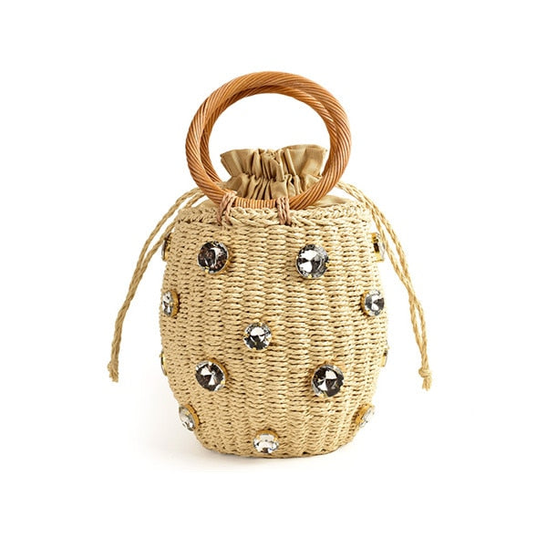 Bolsa Tote artesanal de palha com diamantes de Zircônia 0 karavelas Bege 
