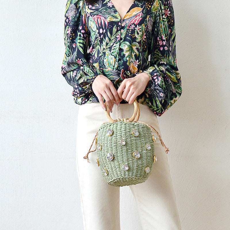 Bolsa Tote artesanal de palha com diamantes de Zircônia 0 karavelas 