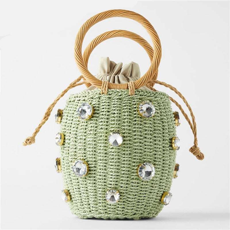 Bolsa Tote artesanal de palha com diamantes de Zircônia 0 karavelas 