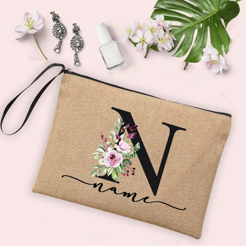 Flower Initial Letter Custom Name Cosmetic Bag Women Neceser Makeup Bag Linen Zipper Pouch Travel Toiletry Organizer Mujer Bolsa 0 karavelas -A012BR-S 13 
