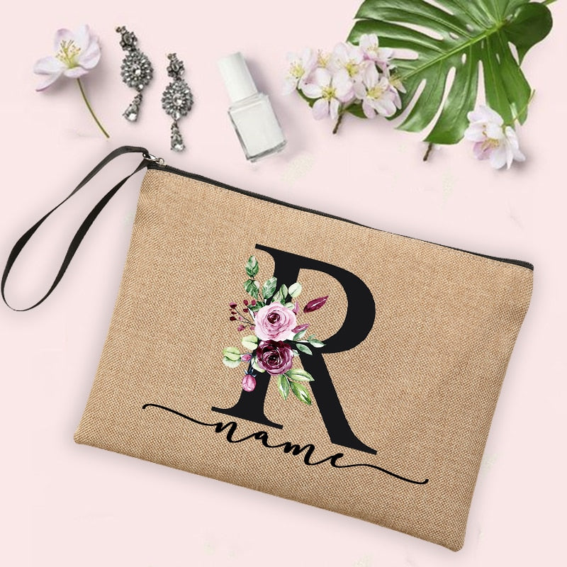 Flower Initial Letter Custom Name Cosmetic Bag Women Neceser Makeup Bag Linen Zipper Pouch Travel Toiletry Organizer Mujer Bolsa 0 karavelas -A012BR-S 17 