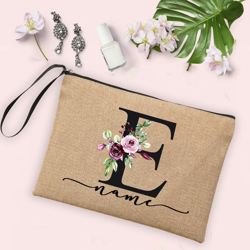 Flower Initial Letter Custom Name Cosmetic Bag Women Neceser Makeup Bag Linen Zipper Pouch Travel Toiletry Organizer Mujer Bolsa 0 karavelas -A012BR-S 4 
