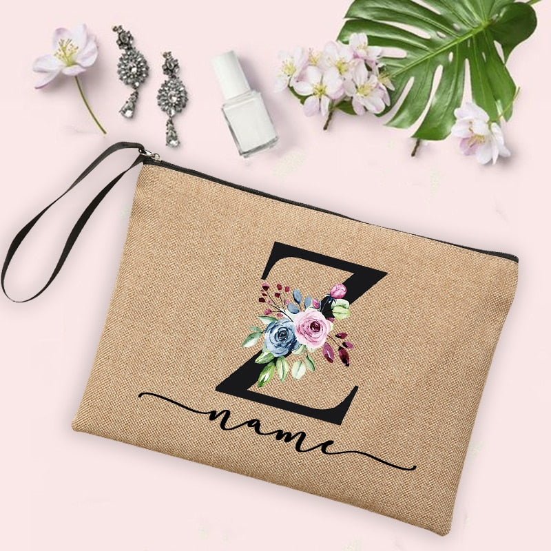 Flower Initial Letter Custom Name Cosmetic Bag Women Neceser Makeup Bag Linen Zipper Pouch Travel Toiletry Organizer Mujer Bolsa 0 karavelas -A012BR-S 25 