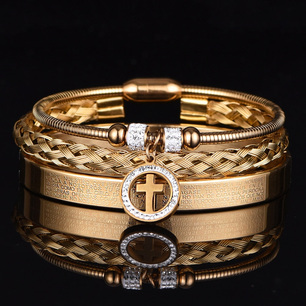 Luxury 3pcs Set Stainless Steel Bracelet Micro Pave CZ Cross Hip Hop Men Jewelry Charm Open Brangle Carving Spanish Scripture 0 karavelas Gold Set A 