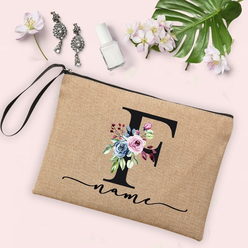 Flower Initial Letter Custom Name Cosmetic Bag Women Neceser Makeup Bag Linen Zipper Pouch Travel Toiletry Organizer Mujer Bolsa 0 karavelas -A012BR-S 5 
