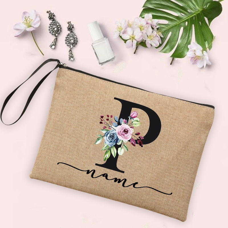 Flower Initial Letter Custom Name Cosmetic Bag Women Neceser Makeup Bag Linen Zipper Pouch Travel Toiletry Organizer Mujer Bolsa 0 karavelas -A012BR-S 15 