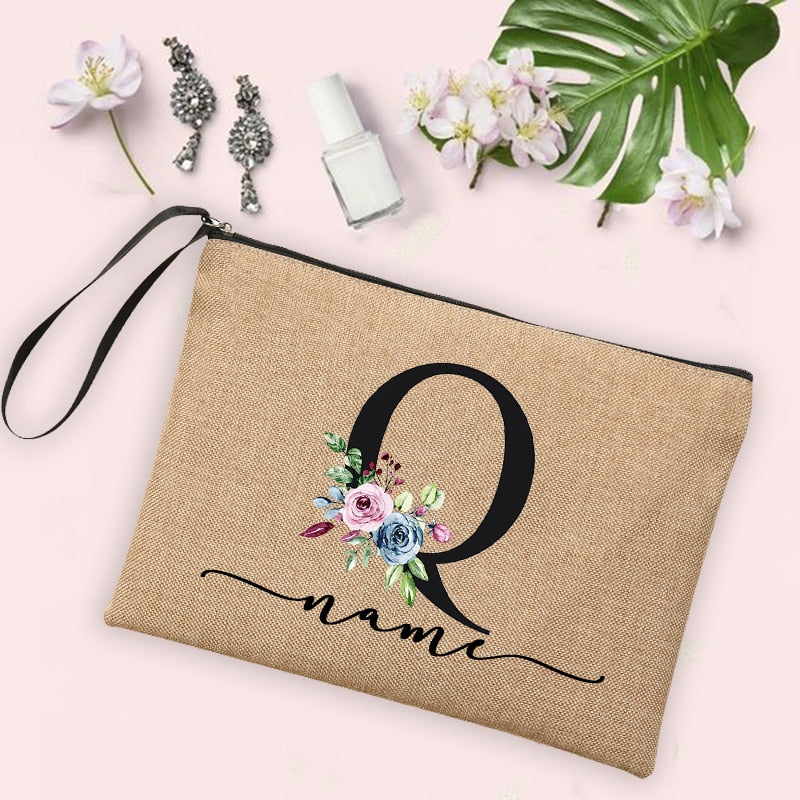 Flower Initial Letter Custom Name Cosmetic Bag Women Neceser Makeup Bag Linen Zipper Pouch Travel Toiletry Organizer Mujer Bolsa 0 karavelas -A012BR-S 16 