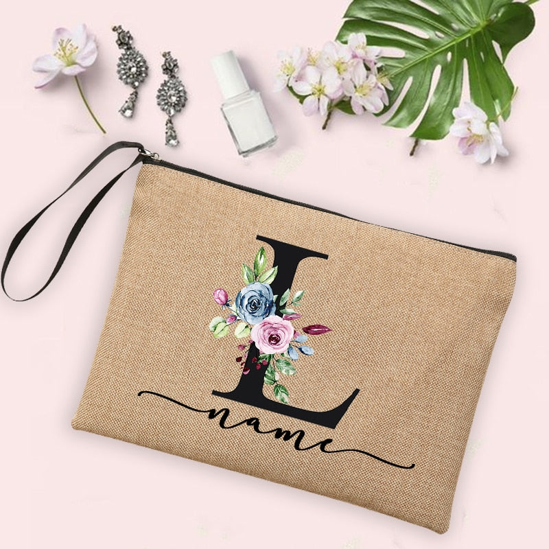 Flower Initial Letter Custom Name Cosmetic Bag Women Neceser Makeup Bag Linen Zipper Pouch Travel Toiletry Organizer Mujer Bolsa 0 karavelas -A012BR-S 11 