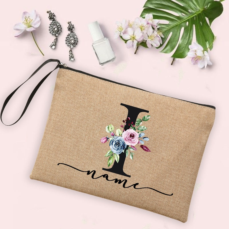 Flower Initial Letter Custom Name Cosmetic Bag Women Neceser Makeup Bag Linen Zipper Pouch Travel Toiletry Organizer Mujer Bolsa 0 karavelas -A012BR-S 8 