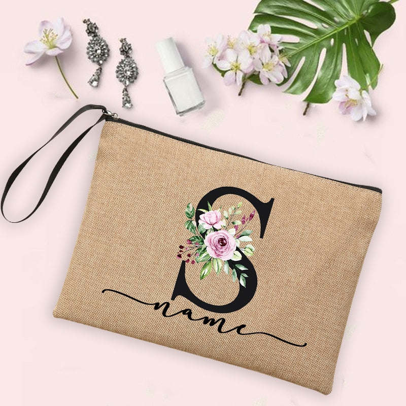Flower Initial Letter Custom Name Cosmetic Bag Women Neceser Makeup Bag Linen Zipper Pouch Travel Toiletry Organizer Mujer Bolsa 0 karavelas -A012BR-S 18 