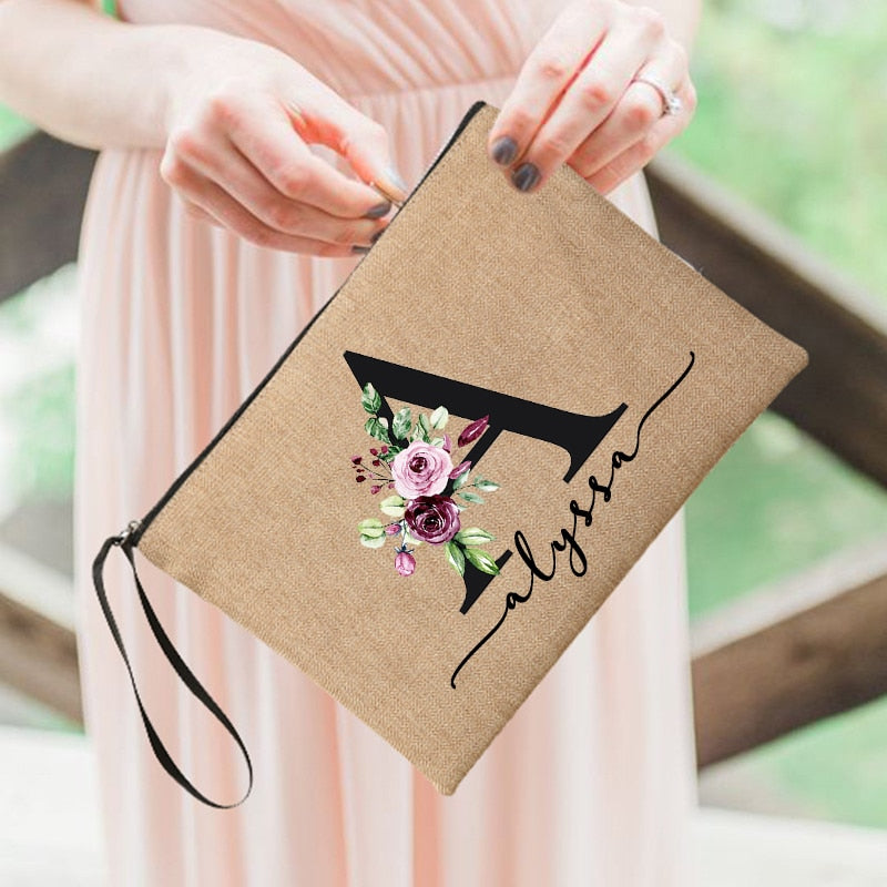 Flower Initial Letter Custom Name Cosmetic Bag Women Neceser Makeup Bag Linen Zipper Pouch Travel Toiletry Organizer Mujer Bolsa 0 karavelas 