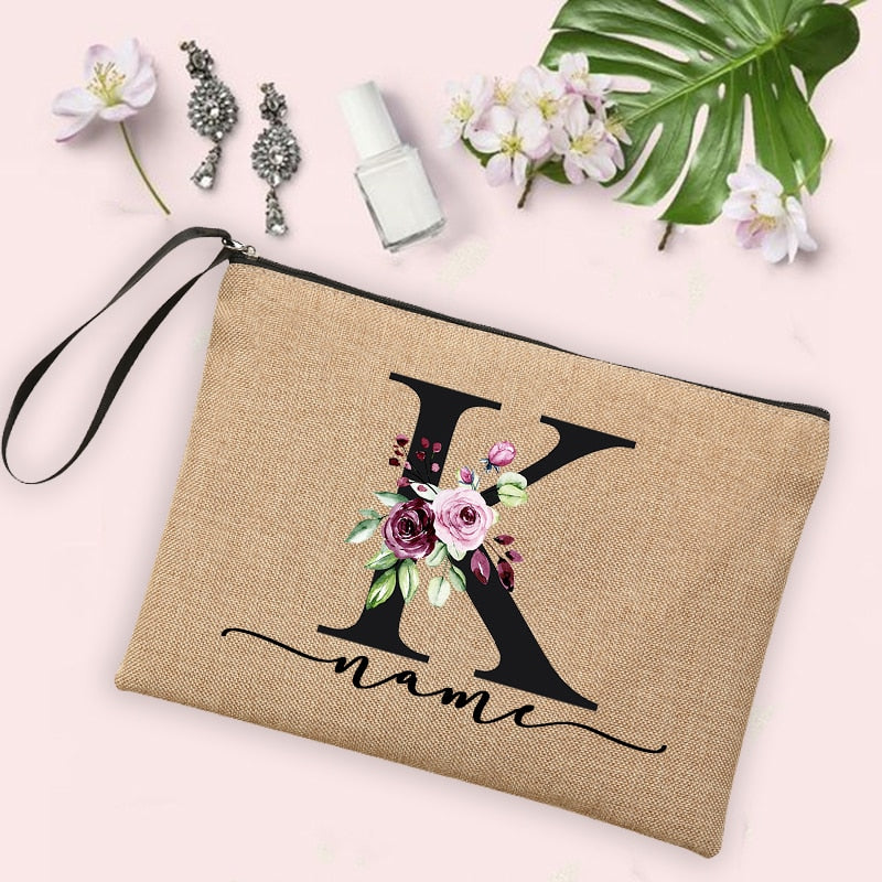 Flower Initial Letter Custom Name Cosmetic Bag Women Neceser Makeup Bag Linen Zipper Pouch Travel Toiletry Organizer Mujer Bolsa 0 karavelas -A012BR-S 10 