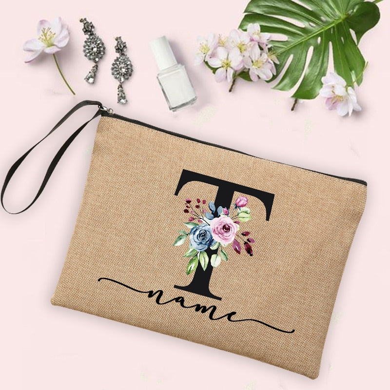 Flower Initial Letter Custom Name Cosmetic Bag Women Neceser Makeup Bag Linen Zipper Pouch Travel Toiletry Organizer Mujer Bolsa 0 karavelas -A012BR-S 19 