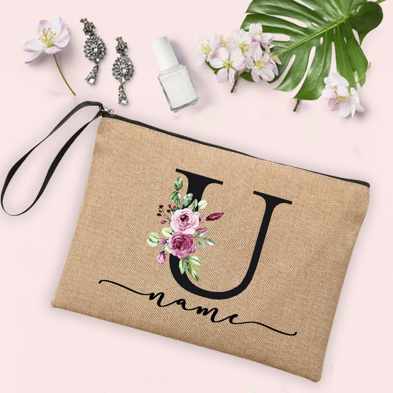 Flower Initial Letter Custom Name Cosmetic Bag Women Neceser Makeup Bag Linen Zipper Pouch Travel Toiletry Organizer Mujer Bolsa 0 karavelas -A012BR-S 20 