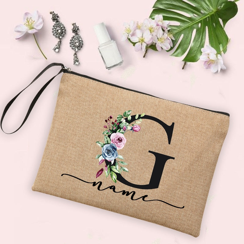Flower Initial Letter Custom Name Cosmetic Bag Women Neceser Makeup Bag Linen Zipper Pouch Travel Toiletry Organizer Mujer Bolsa 0 karavelas -A012BR-S 6 