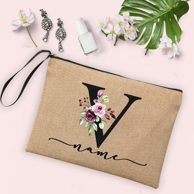 Flower Initial Letter Custom Name Cosmetic Bag Women Neceser Makeup Bag Linen Zipper Pouch Travel Toiletry Organizer Mujer Bolsa 0 karavelas 