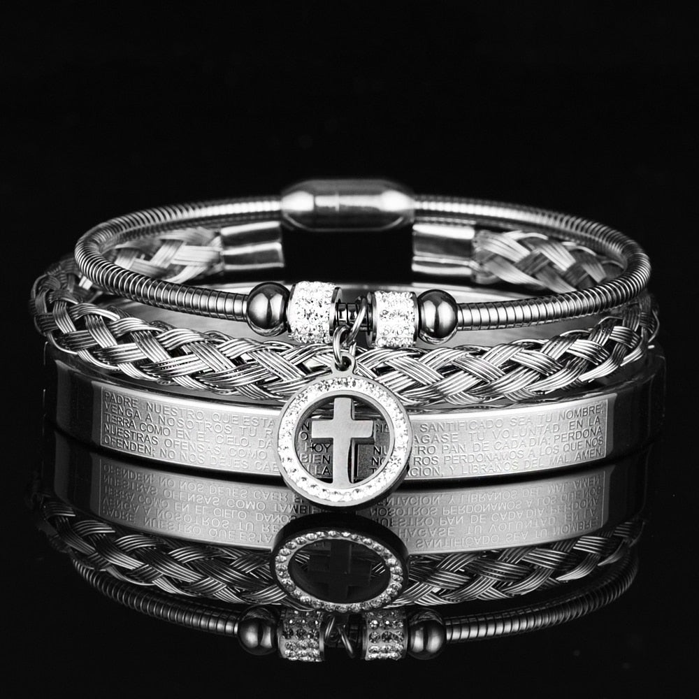 Luxury 3pcs Set Stainless Steel Bracelet Micro Pave CZ Cross Hip Hop Men Jewelry Charm Open Brangle Carving Spanish Scripture 0 karavelas Silver Set A 