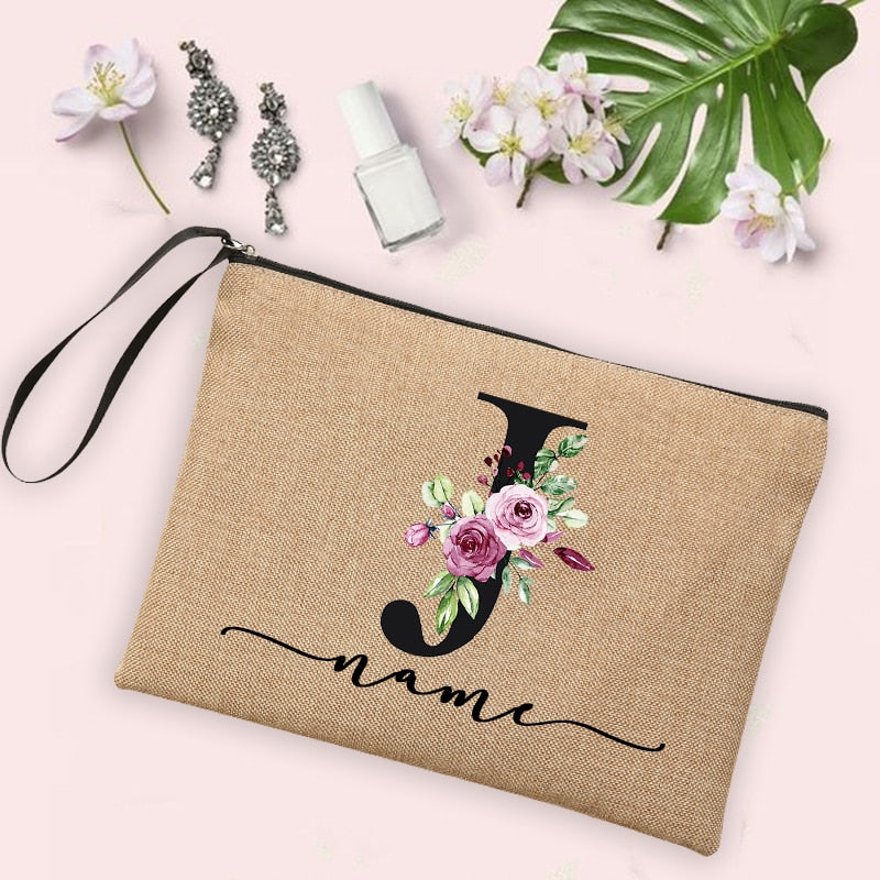 Flower Initial Letter Custom Name Cosmetic Bag Women Neceser Makeup Bag Linen Zipper Pouch Travel Toiletry Organizer Mujer Bolsa 0 karavelas -A012BR-S 9 