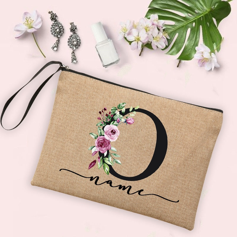 Flower Initial Letter Custom Name Cosmetic Bag Women Neceser Makeup Bag Linen Zipper Pouch Travel Toiletry Organizer Mujer Bolsa 0 karavelas -A012BR-S 14 
