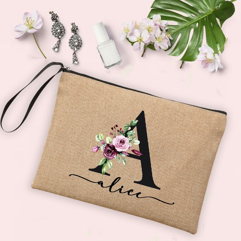 Flower Initial Letter Custom Name Cosmetic Bag Women Neceser Makeup Bag Linen Zipper Pouch Travel Toiletry Organizer Mujer Bolsa 0 karavelas -A012BR-S 