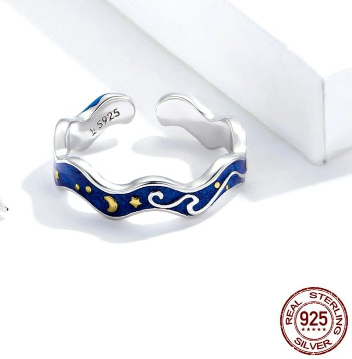 bamoer Sterling Silver 925 Lover Rings for Couple Blue Starry Sky of Van Gogh Open Finger Ring Design Jewelry Accessories SCR608 0 karavelas 