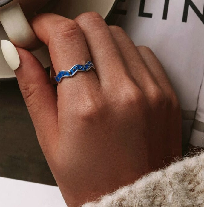 bamoer Sterling Silver 925 Lover Rings for Couple Blue Starry Sky of Van Gogh Open Finger Ring Design Jewelry Accessories SCR608 0 karavelas 